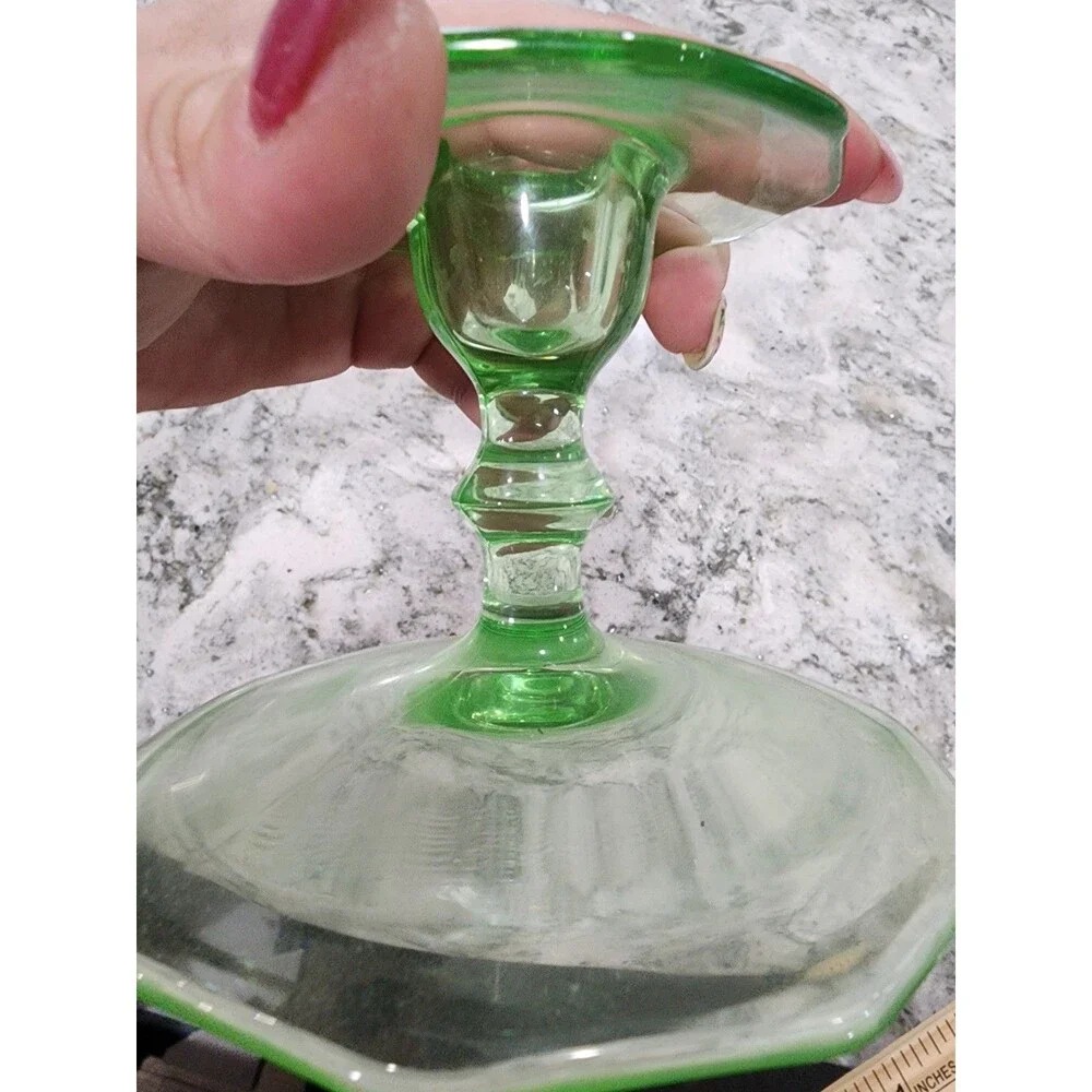 Vintage Green Depression Glass, Uranium Vaseline, Candlestick Holder